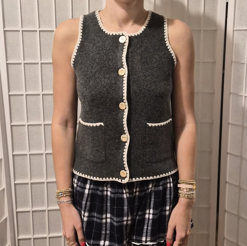 Vintage Gray Sleeveless Vest Cream Trim Sz XS